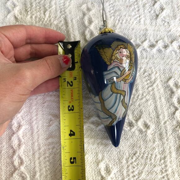 Vintage Hand-Painted Glass Angel Teardrop Ornament Navy Blue Cone 4.5" - Picture 7 of 7